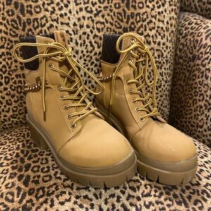 Juicy Couture Tan Lace-Up Ankle Boots with gold chains